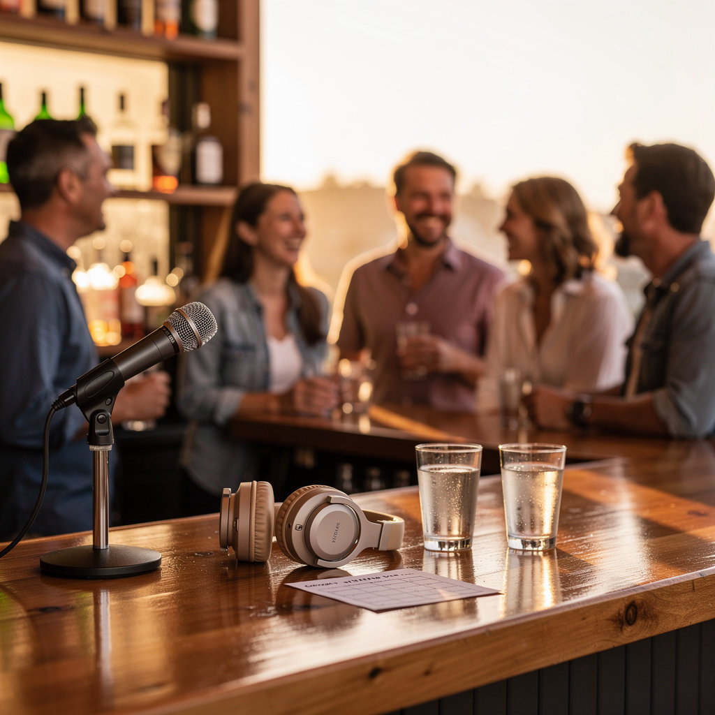 Friends enjoying karaoke night at The Tully bar in Santa Barbara, a lively community event