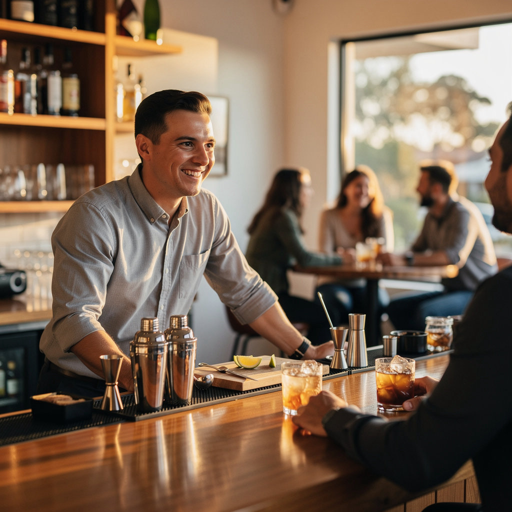 A welcoming group of friends enjoying drinks and conversation at The Tully bar in Santa Barbara